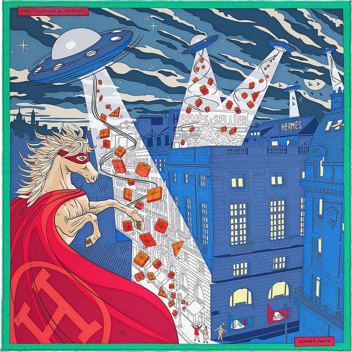 2017AW HERMES scarf Carre 45 Gavroche Space Shopping au FaubourgBlue/Rouge/Vert Silk100% H893136S08[EXCELLENT][Authentic]