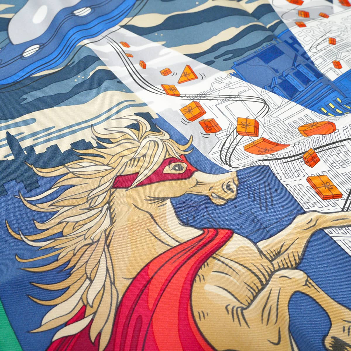 2017AW HERMES scarf Carre 45 Gavroche Space Shopping au FaubourgBlue/Rouge/Vert Silk100% H893136S08[EXCELLENT][Authentic]