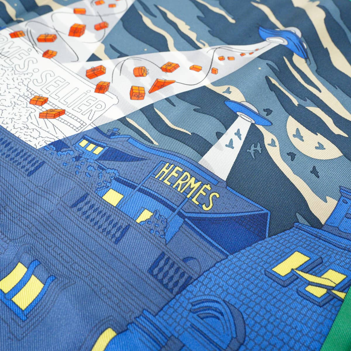 2017AW HERMES scarf Carre 45 Gavroche Space Shopping au FaubourgBlue/Rouge/Vert Silk100% H893136S08[EXCELLENT][Authentic]