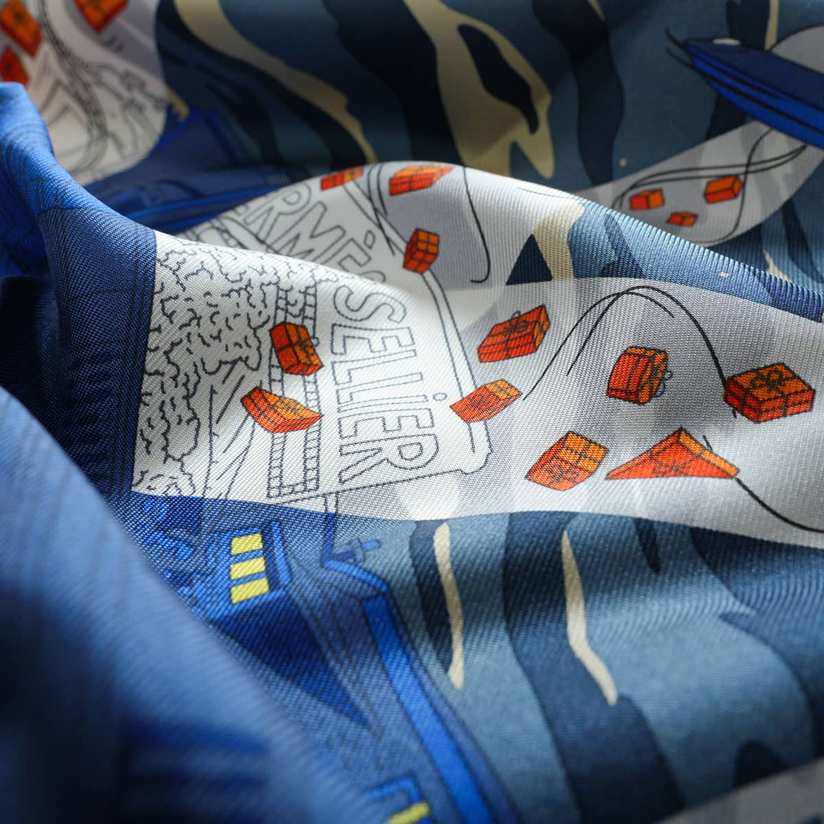 2017AW HERMES scarf Carre 45 Gavroche Space Shopping au FaubourgBlue/Rouge/Vert Silk100% H893136S08[EXCELLENT][Authentic]