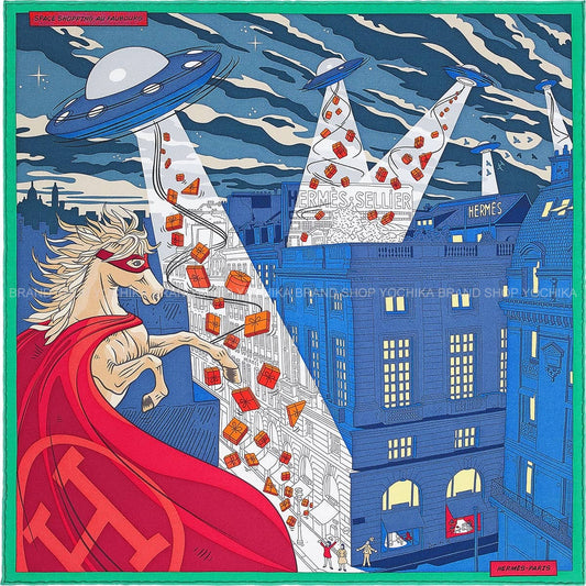 2017AW HERMES scarf Carre 45 Gavroche Space Shopping au FaubourgBlue/Rouge/Vert Silk100% H893136S08[EXCELLENT][Authentic]