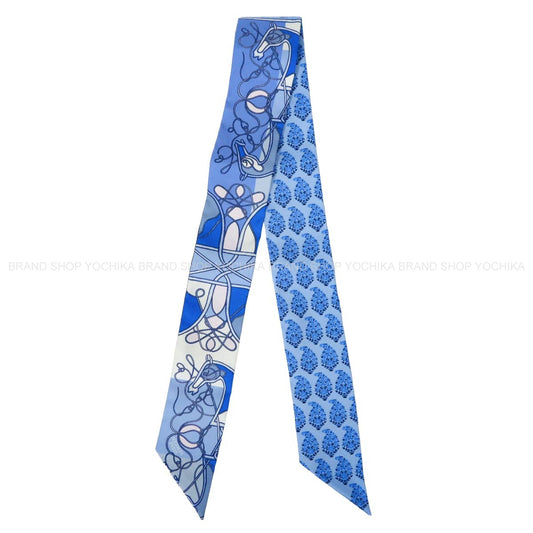 HERMES scarf Twilly Coup de Fouet au Bloc Blue/Blanc (White)/Rose Silk100% H063101S 04[EXCELLENT][Authentic]