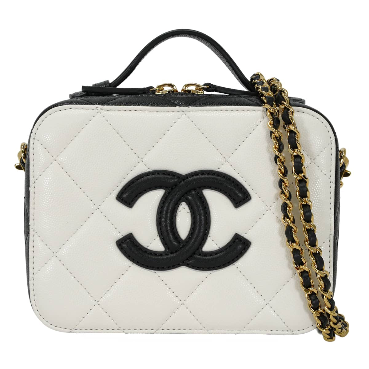 CHANEL Shoulder bag Vanity bag Matelasse COCO Mark chain Blanc (White)/Noir (Black) Graind Calf(Caviarskin) Gold HW AS6552[EXCELLENT][Authentic]