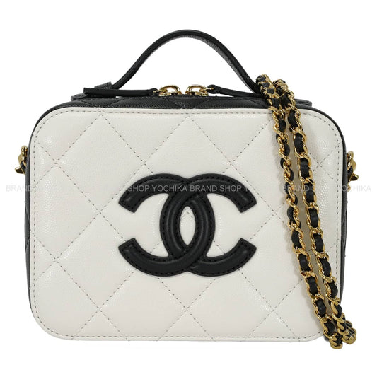 CHANEL Shoulder bag Vanity bag Matelasse COCO Mark chain Blanc (White)/Noir (Black) Graind Calf(Caviarskin) Gold HW AS6552[EXCELLENT][Authentic]