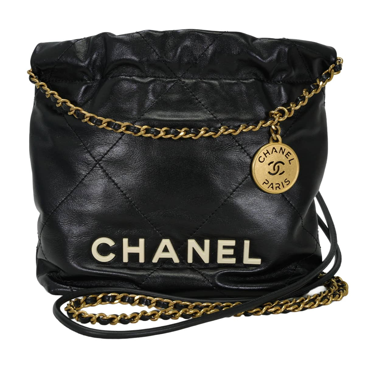 [Pre-loved] CHANEL Shoulder bag CHANEL 22 Mini Matelasse With Medal Charm Hobo White Logo Noir (Black) Calfskin Antique Gold HW AS3980[LIKE NEW][Authentic]