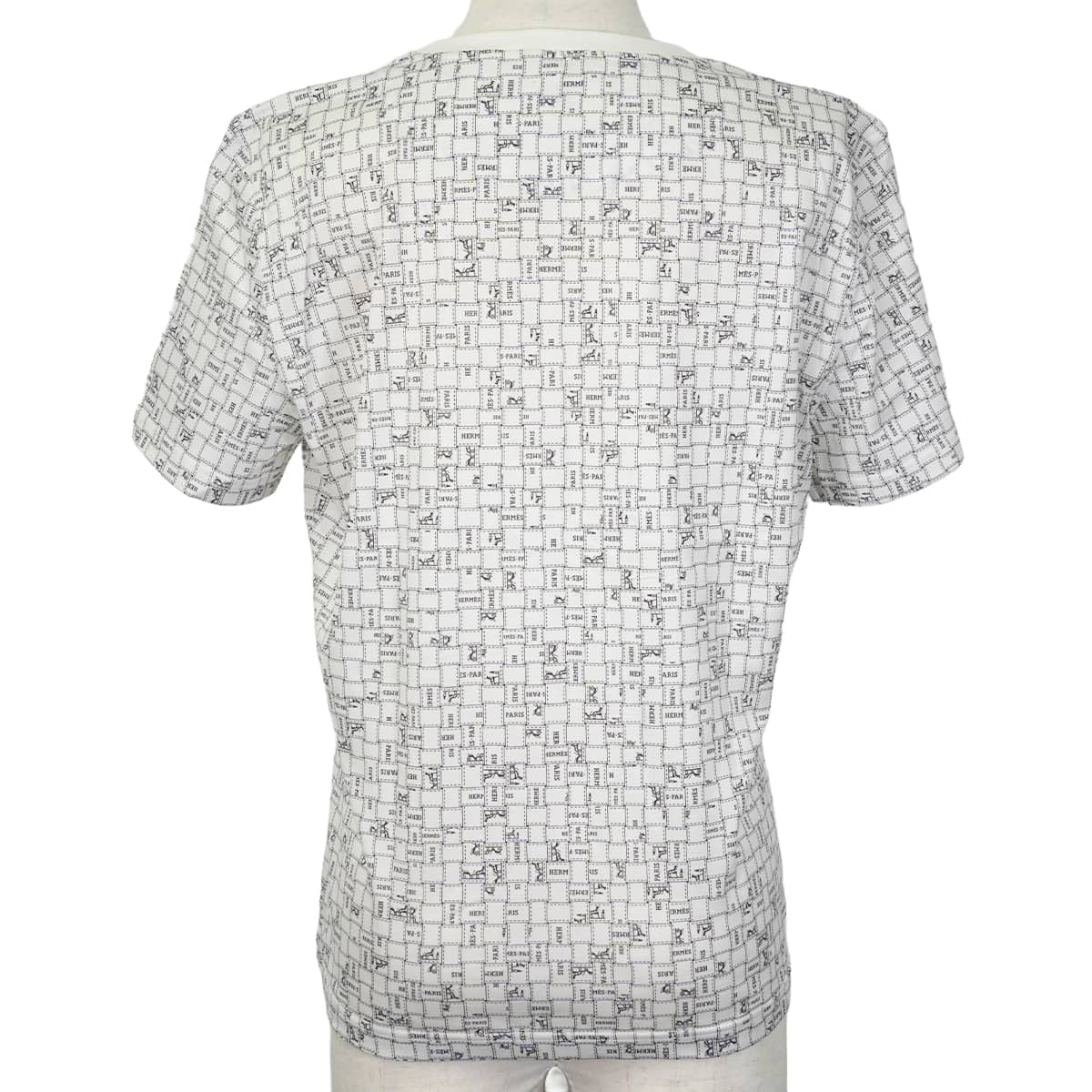 HERMES Short sleeve t shirt Bolduc check Blanc (White)/Noir (Black) Cotton100% #42[EXCELLENT][Authentic]