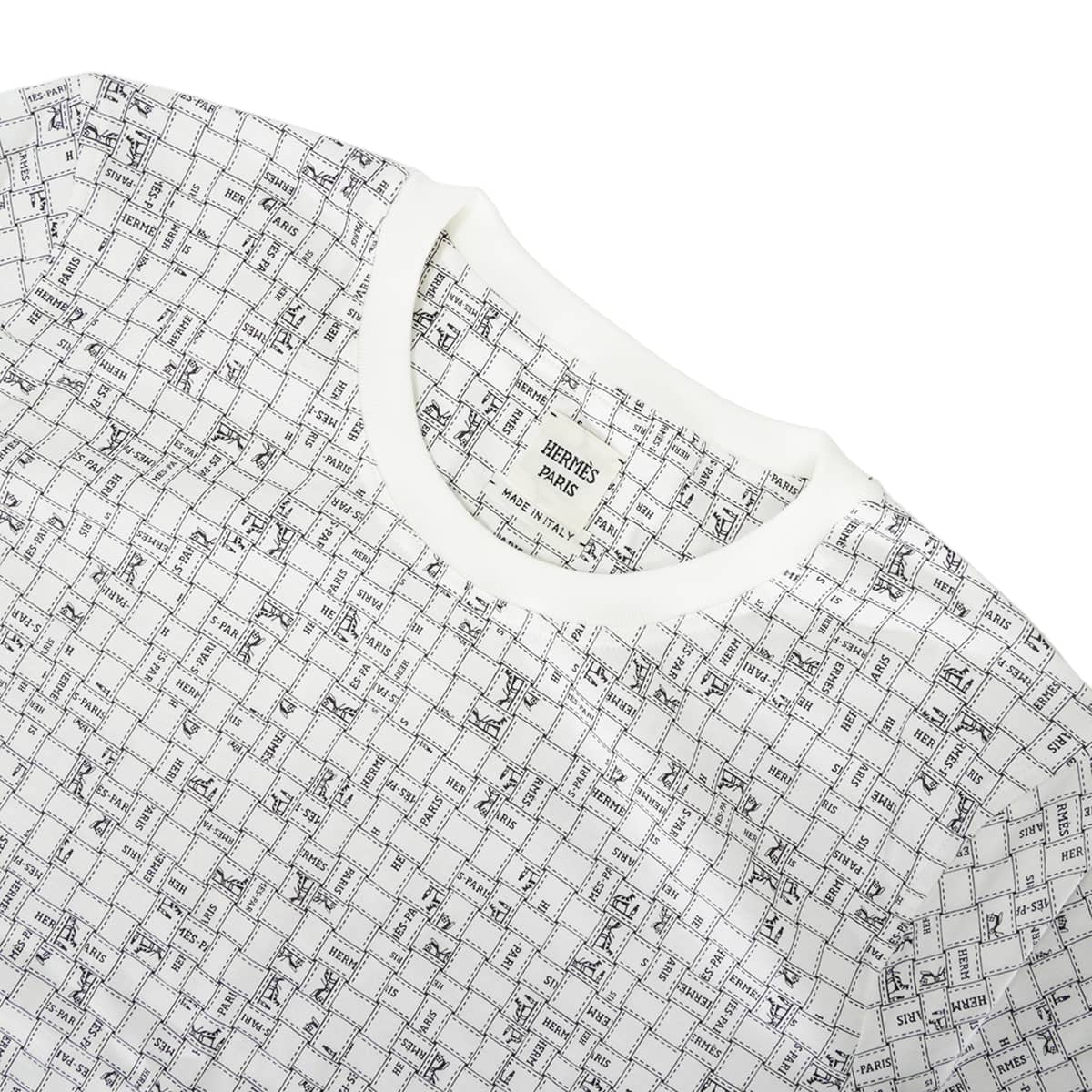 HERMES Short sleeve t shirt Bolduc check Blanc (White)/Noir (Black) Cotton100% #42[EXCELLENT][Authentic]