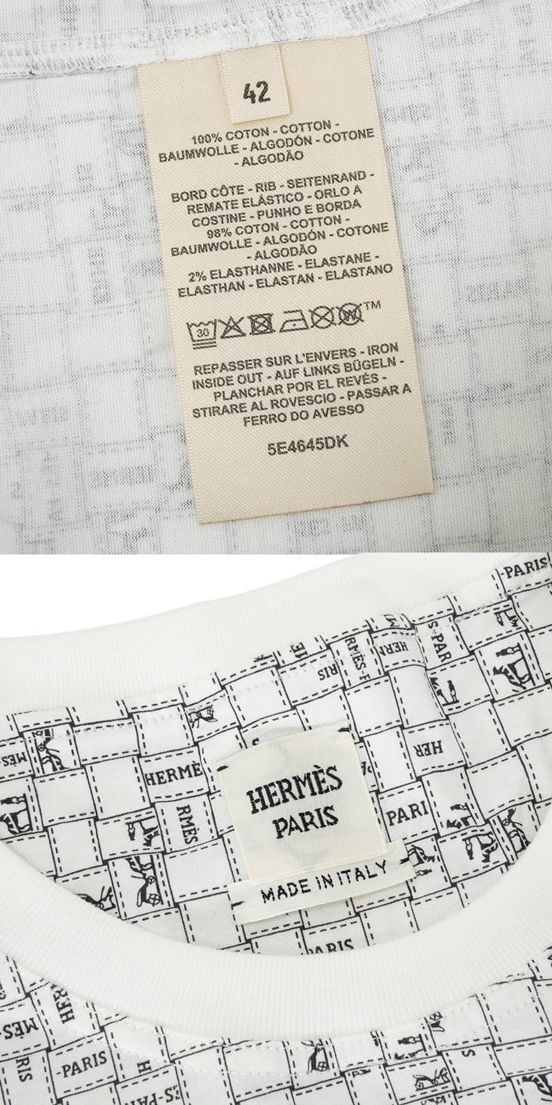 HERMES Short sleeve t shirt Bolduc check Blanc (White)/Noir (Black) Cotton100% #42[EXCELLENT][Authentic]