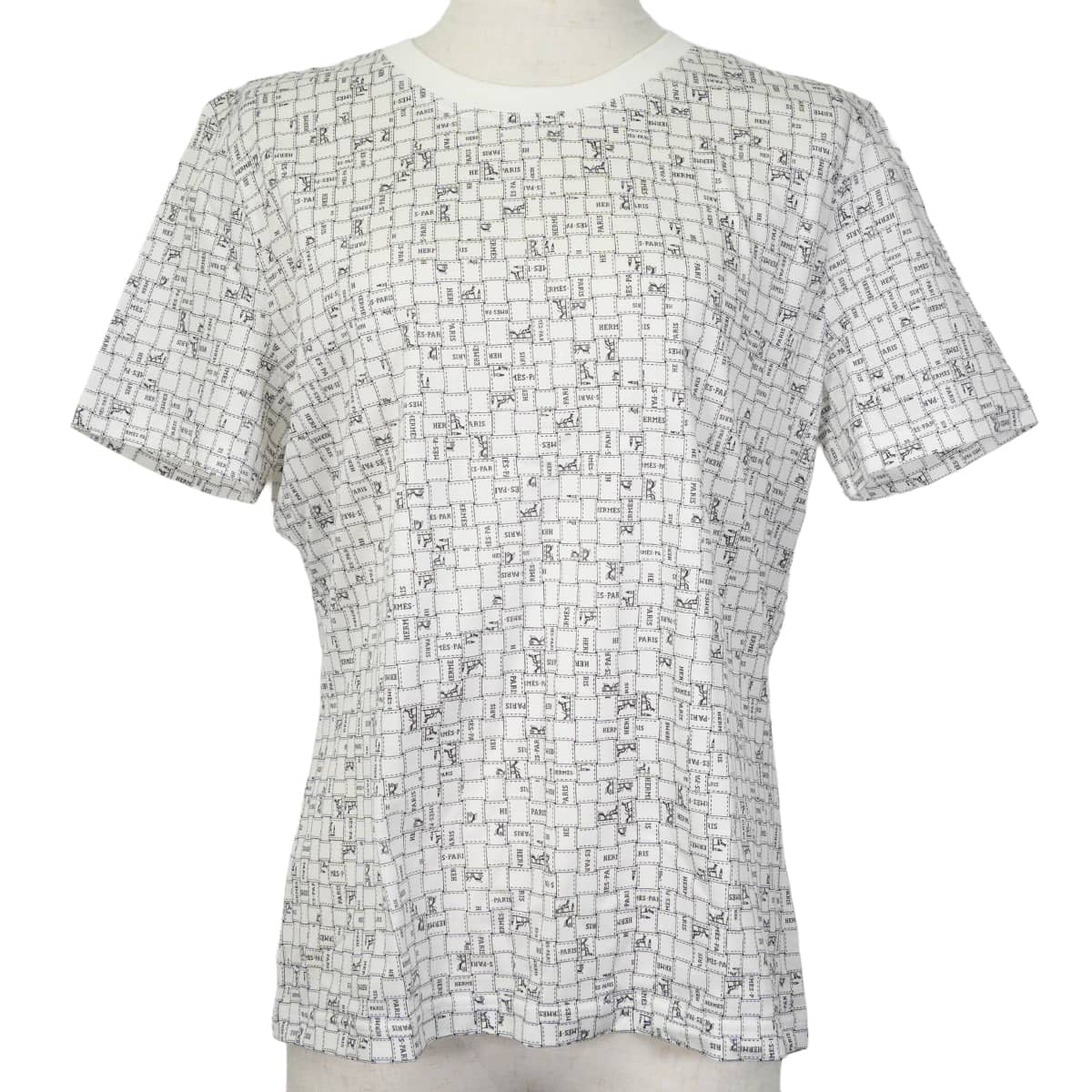 HERMES Short sleeve t shirt Bolduc check Blanc (White)/Noir (Black) Cotton100% #42[EXCELLENT][Authentic]