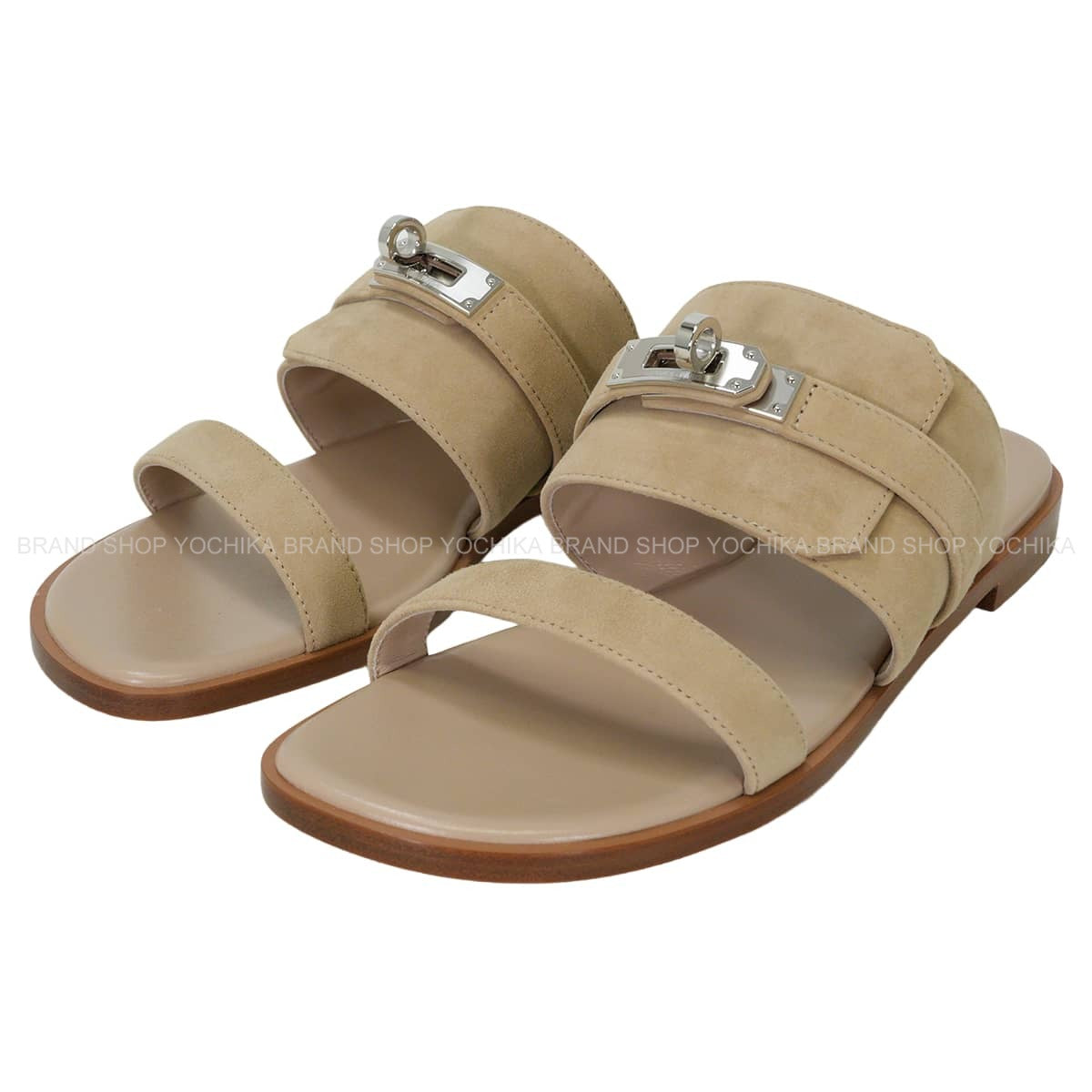 HERMES sandals NinaBeige Camel Chevre Velour #36 Silver HW[EXCELLENT][Authentic]