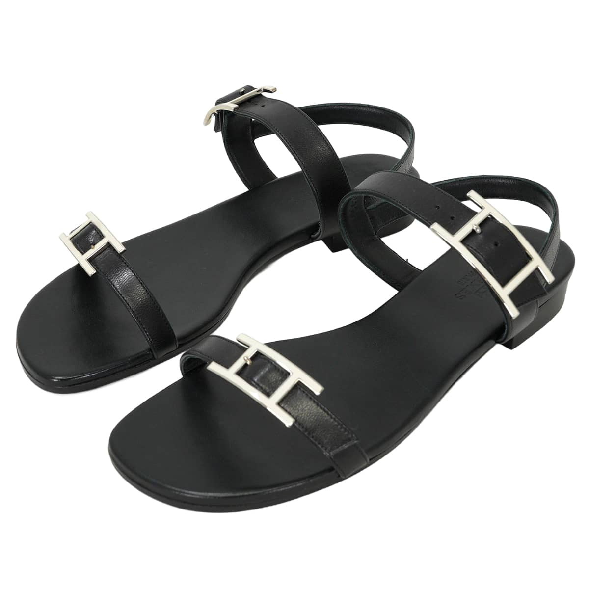 HERMES sandals Flat Nine Noir (Black) calf 36 Silver HW[EXCELLENT][Authentic]