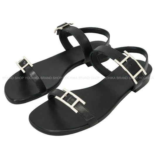 HERMES sandals Flat Nine Noir (Black) calf 36 Silver HW[EXCELLENT][Authentic]