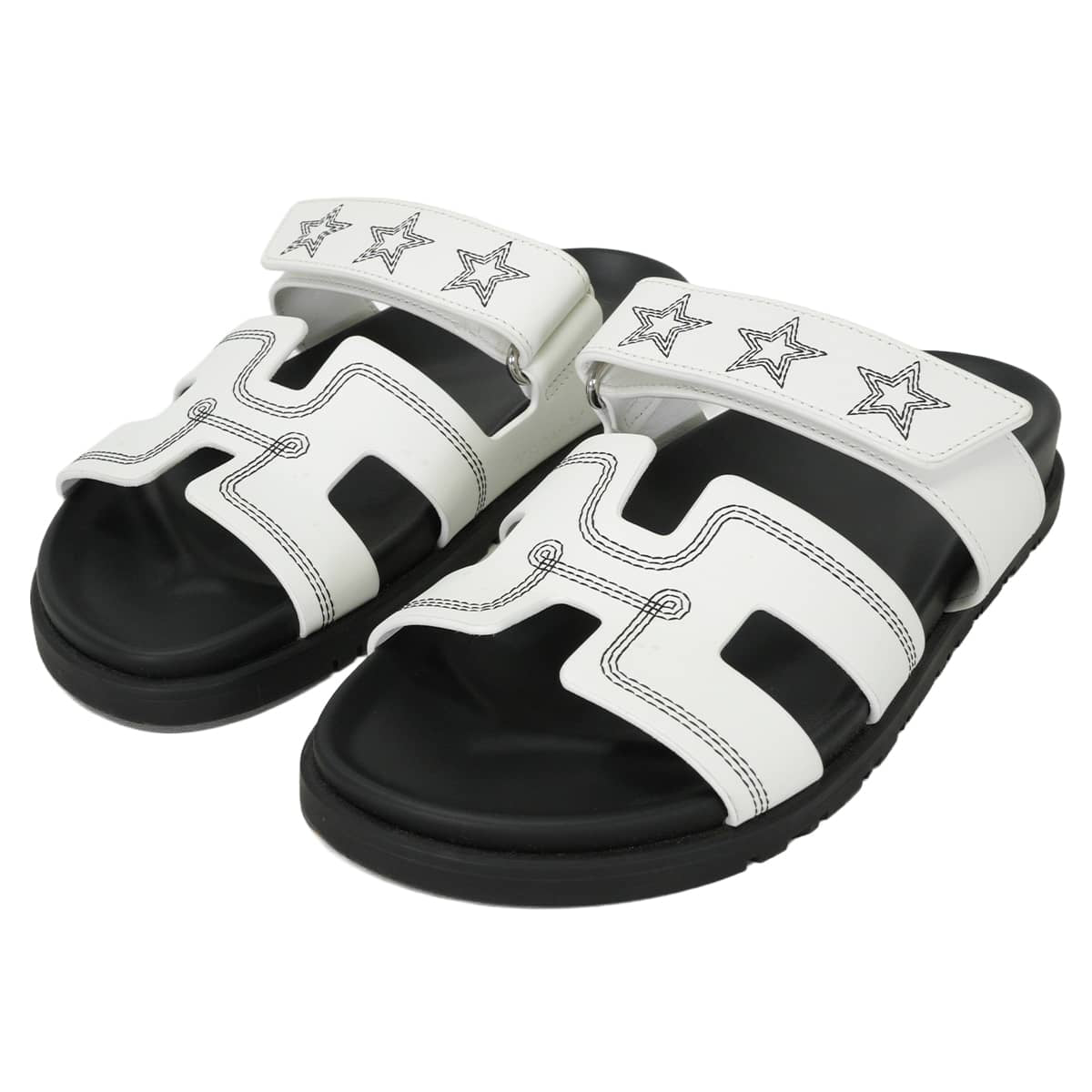 [Pre-loved] HERMES sandals Chypre Star Envelope Blanc (White)/Noir (Black) calf 37[LIKE NEW][Authentic]