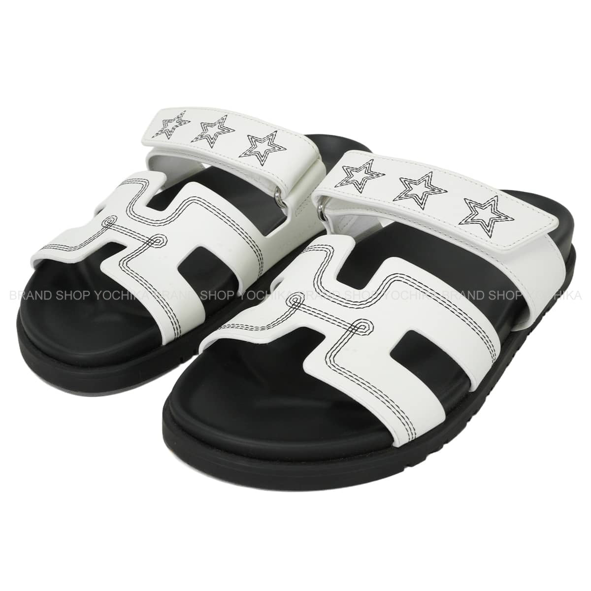 [Pre-loved] HERMES sandals Chypre Star Envelope Blanc (White)/Noir (Black) calf 37[LIKE NEW][Authentic]