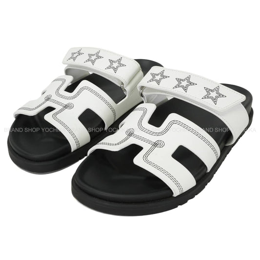 [Pre-loved] HERMES sandals Chypre Star Envelope Blanc (White)/Noir (Black) calf 37[LIKE NEW][Authentic]