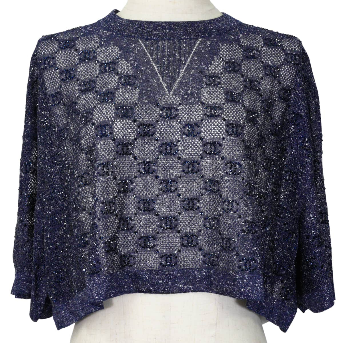 2023SS Pre-Collection CHANEL Knit COCO Mark all-over print cropped pants with rhinestones Blue Viscose/Strass #40 P74586[EXCELLENT][Authentic]