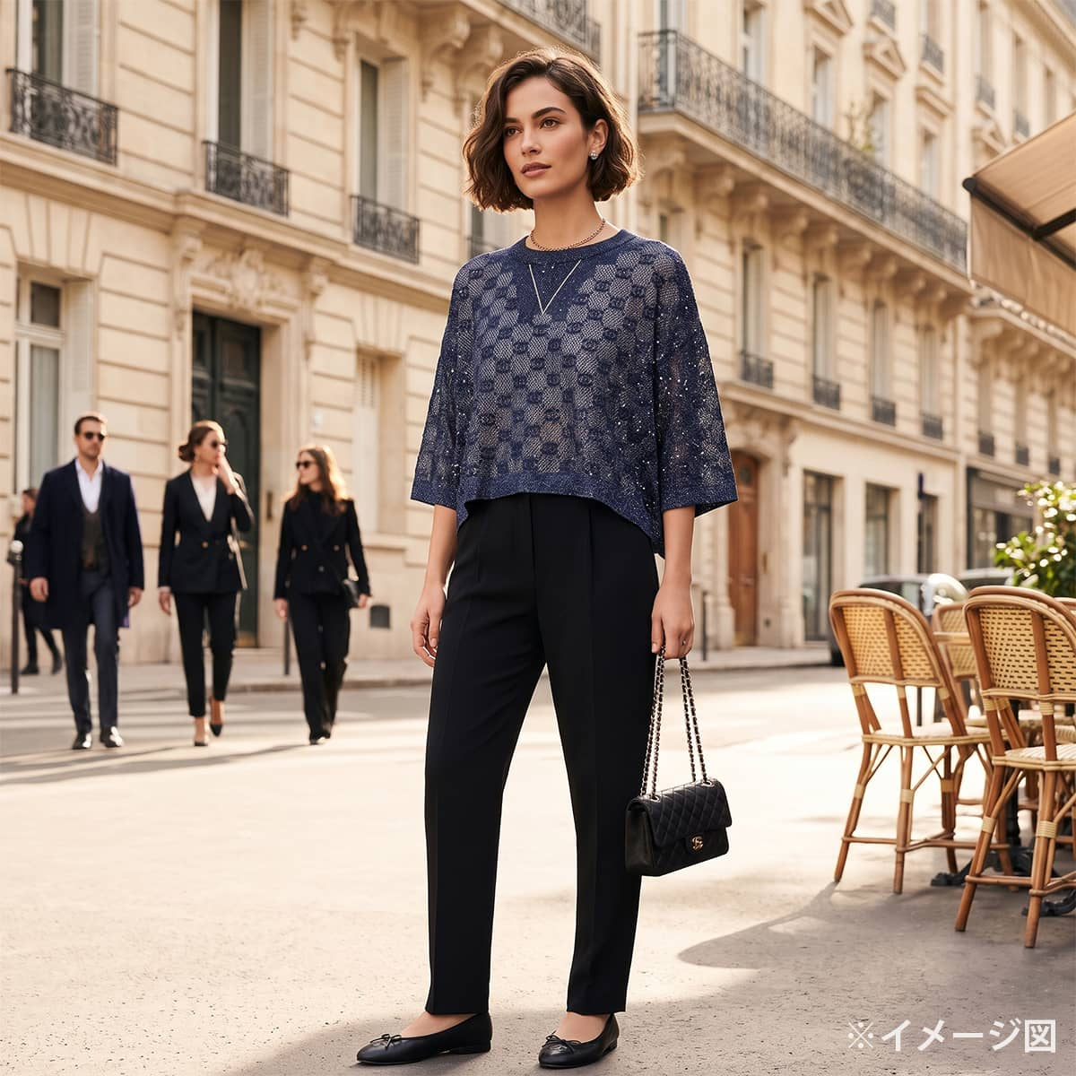 2023SS Pre-Collection CHANEL Knit COCO Mark all-over print cropped pants with rhinestones Blue Viscose/Strass #40 P74586[EXCELLENT][Authentic]