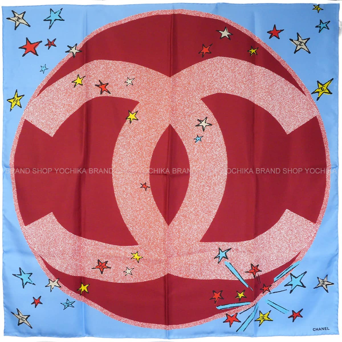 2026AW CHANEL scarf Big COCO Mark Star American Comic StyleLight blue Silk AAC148[BRAND NEW][Authentic]