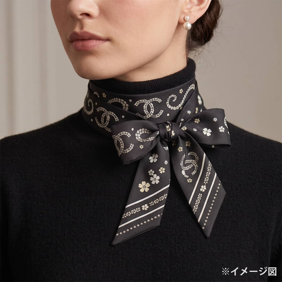 2026AW CHANEL scarf Silk twill Slim Bandeau Flower Clover COCO Mark Noir (Black) Silk AAC282[EXCELLENT][Authentic]