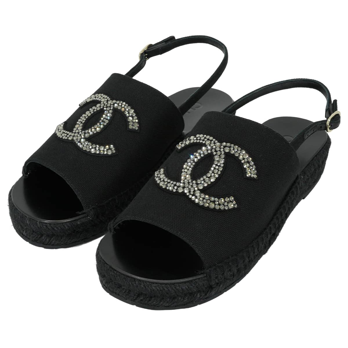 CHANEL sandals Espadrilles with Rhinestone Strass COCO Mark Noir (Black)Dark Silver Cotton #36 G45632[EXCELLENT][Authentic]