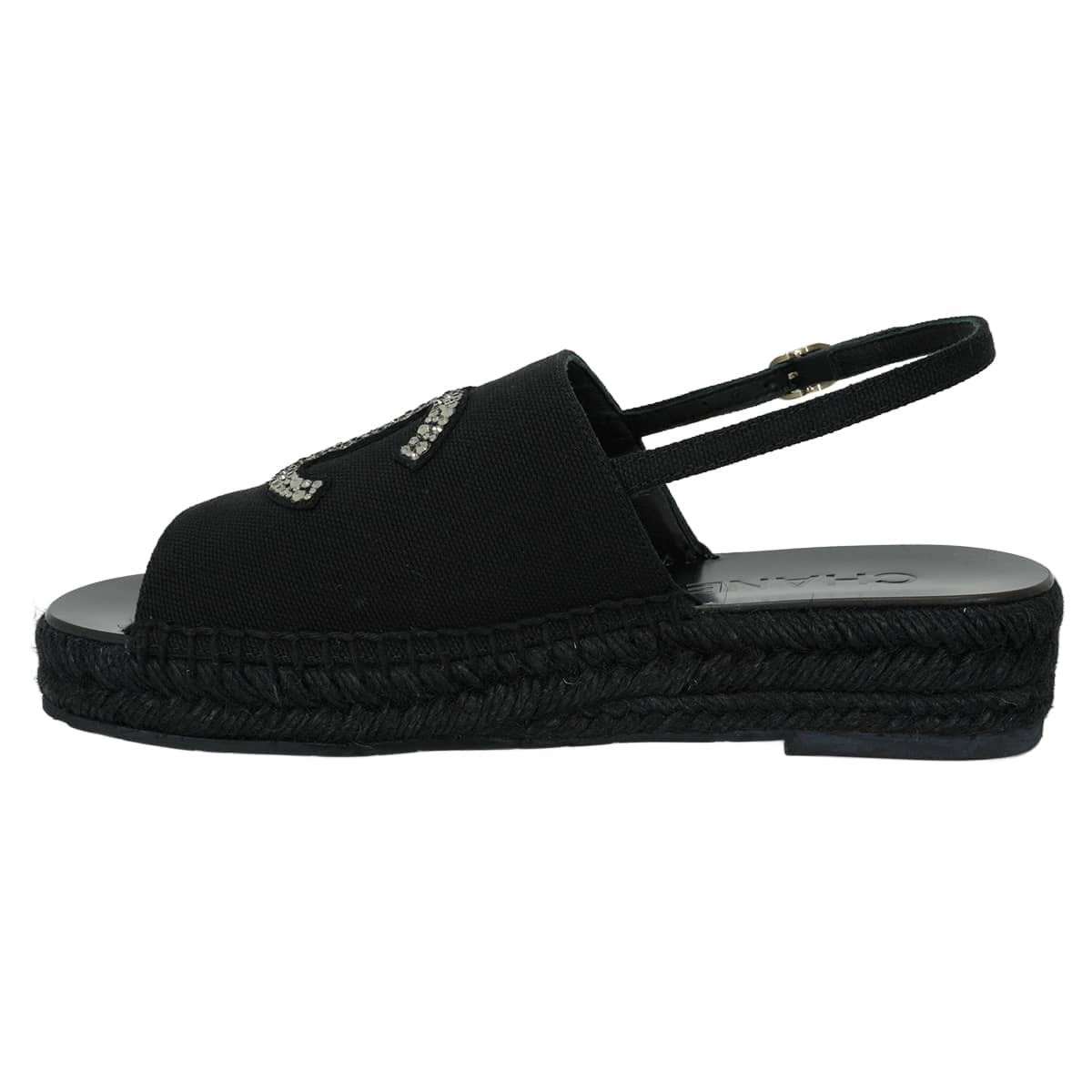 CHANEL sandals Espadrilles with Rhinestone Strass COCO Mark Noir (Black)Dark Silver Cotton #36 G45632[EXCELLENT][Authentic]