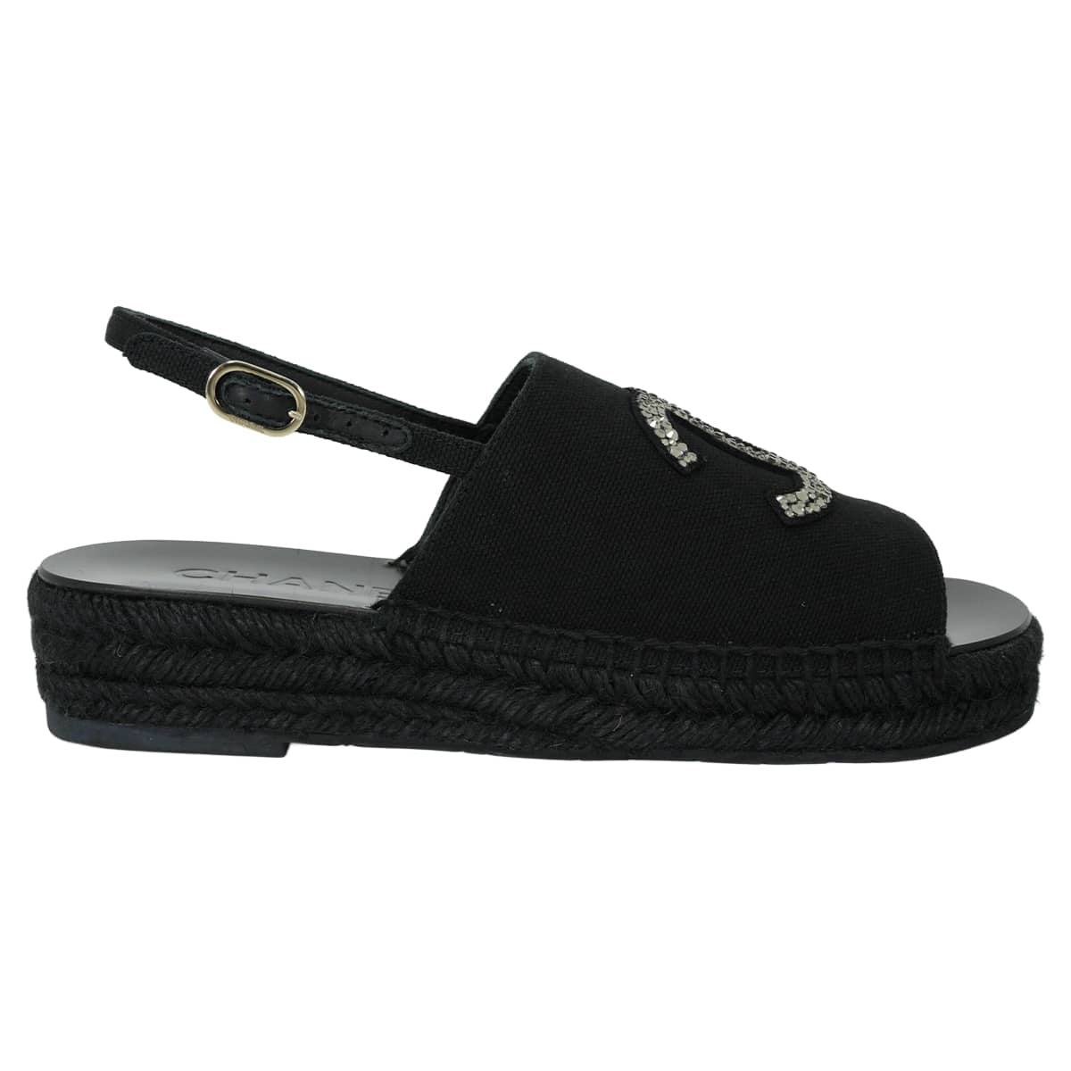 CHANEL sandals Espadrilles with Rhinestone Strass COCO Mark Noir (Black)Dark Silver Cotton #36 G45632[EXCELLENT][Authentic]