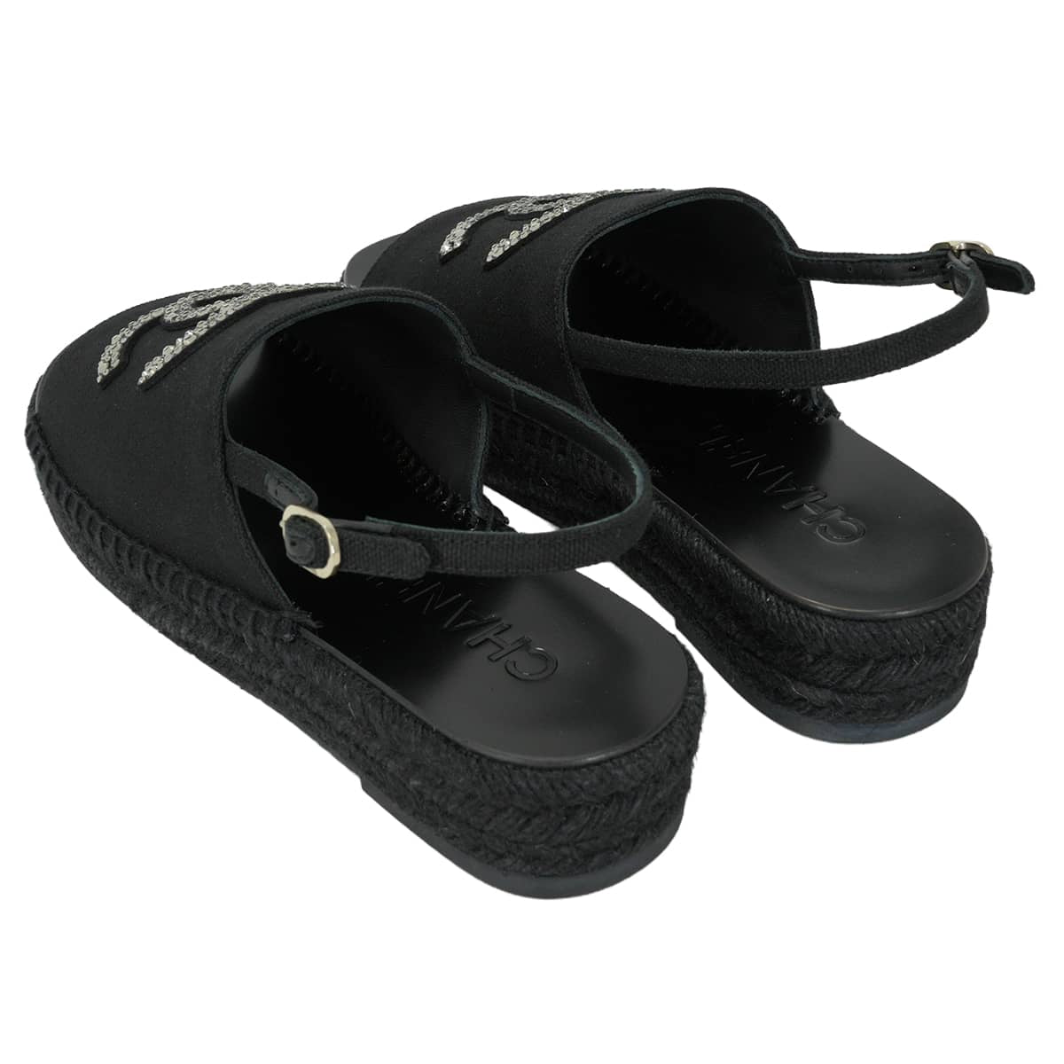 CHANEL sandals Espadrilles with Rhinestone Strass COCO Mark Noir (Black)Dark Silver Cotton #36 G45632[EXCELLENT][Authentic]