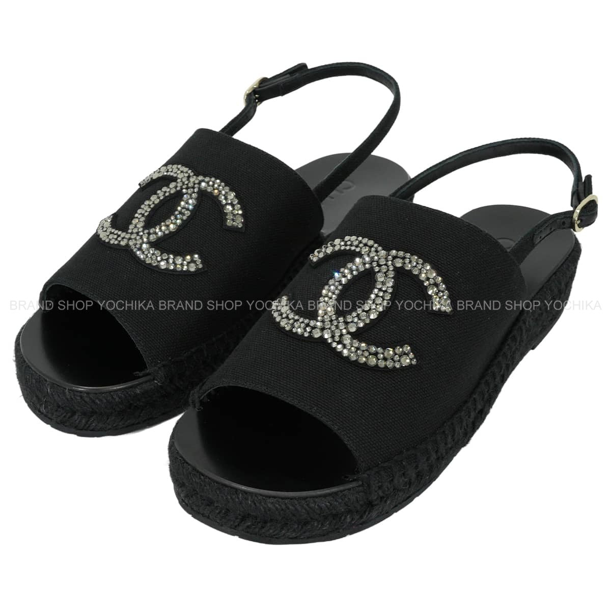 CHANEL sandals Espadrilles with Rhinestone Strass COCO Mark Noir (Black)Dark Silver Cotton #36 G45632[EXCELLENT][Authentic]