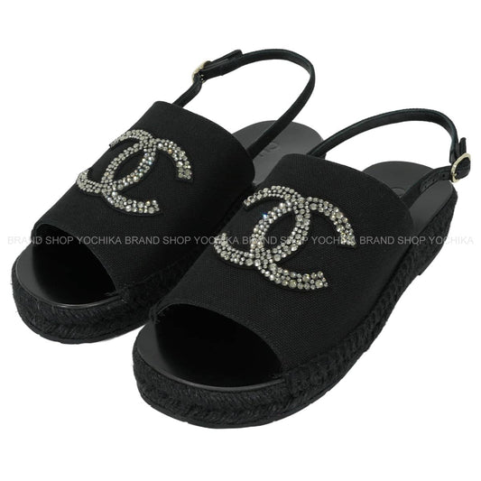 CHANEL sandals Espadrilles with Rhinestone Strass COCO Mark Noir (Black)Dark Silver Cotton #36 G45632[EXCELLENT][Authentic]