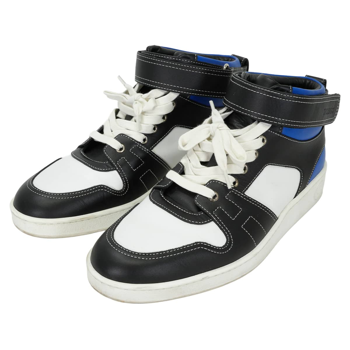 [Pre-loved] HERMES sneakers Freestyle Clou de Selle Blanc (White)/Noir (Black)/Bleu France Leather #41[USED SA][Authentic]