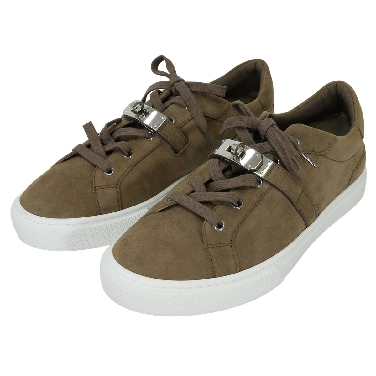 HERMES sneakers Day Etoupe/Blanc (White) Chevre Velours #41 Silver HW[EXCELLENT][Authentic]