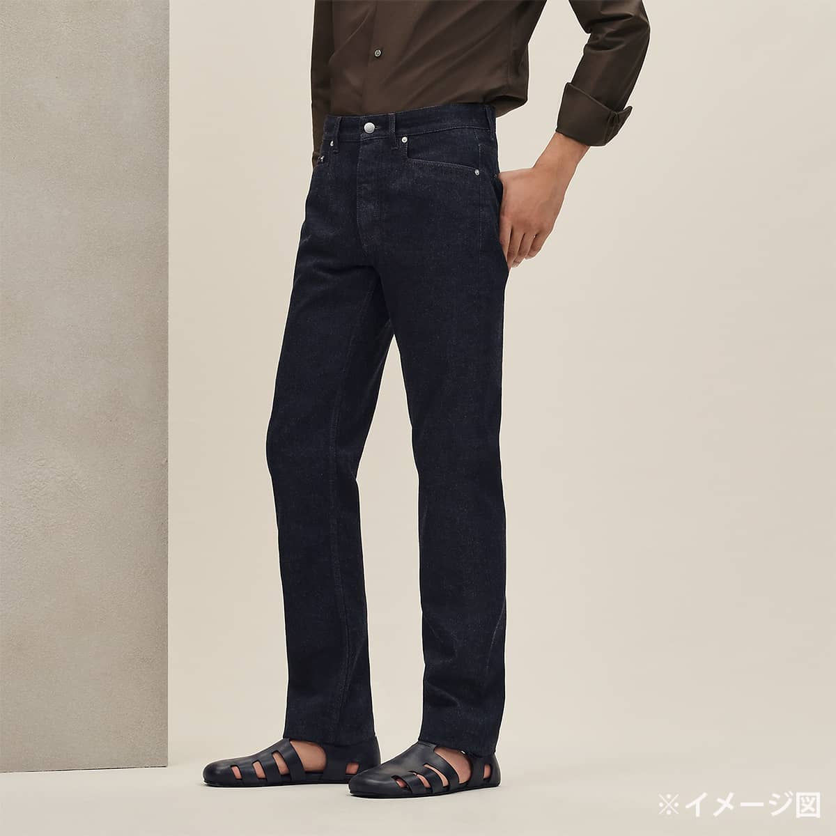 [Pre-loved] HERMES Denim Pants Tapered jeans with Sellier buttons and leather patchIndigo Blue Cotton /leather #44[LIKE NEW][Authentic]