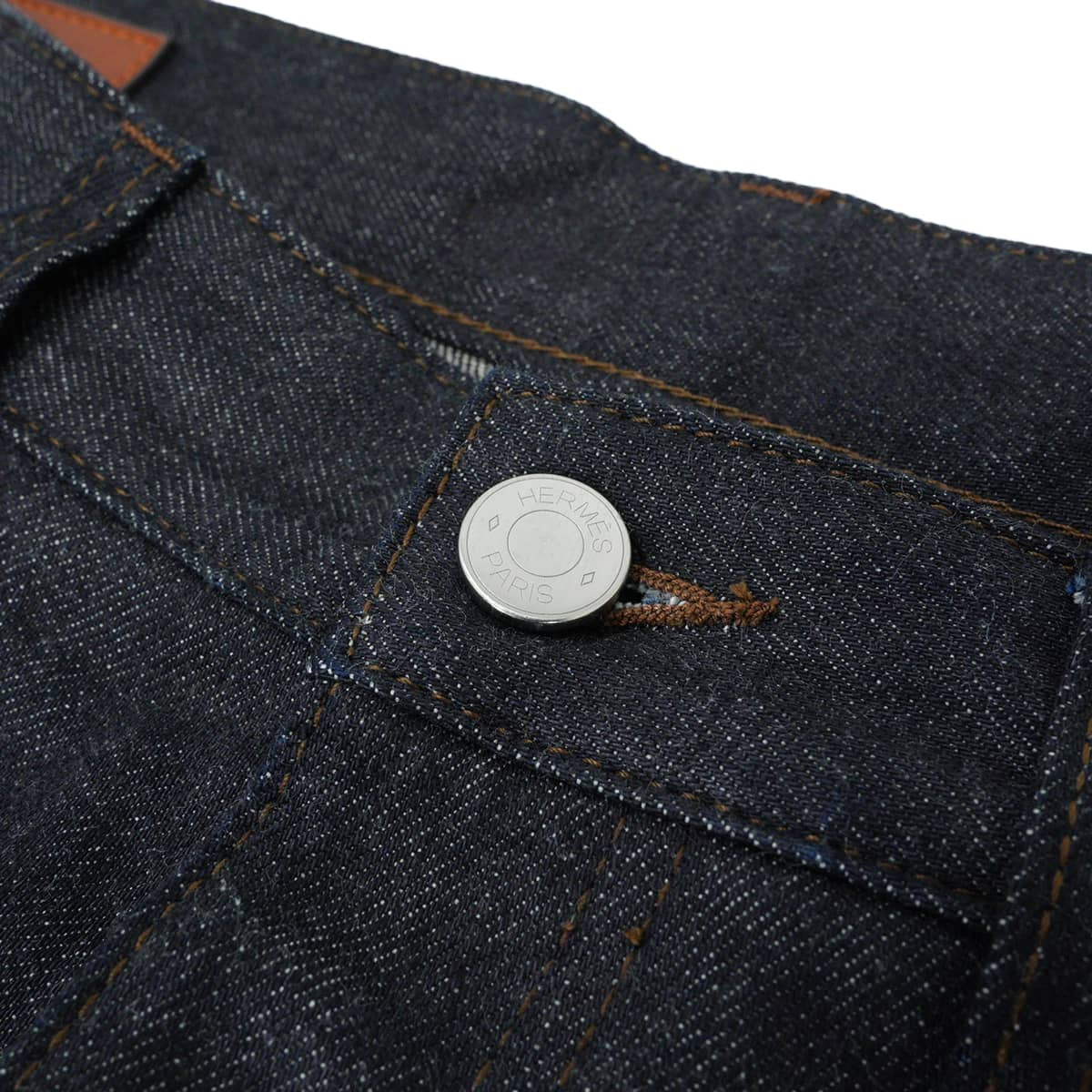 [Pre-loved] HERMES Denim Pants Tapered jeans with Sellier buttons and leather patchIndigo Blue Cotton /leather #44[LIKE NEW][Authentic]
