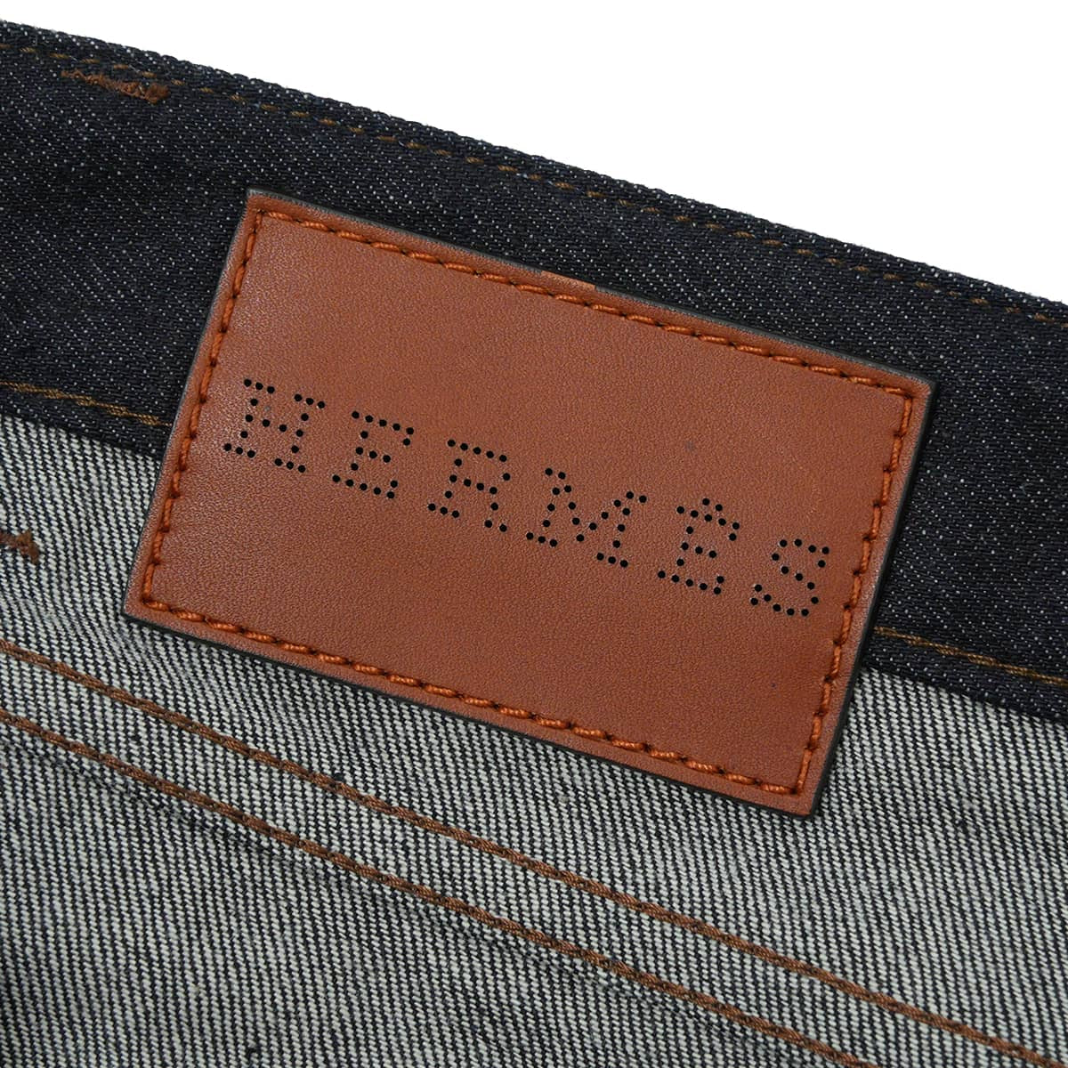 [Pre-loved] HERMES Denim Pants Tapered jeans with Sellier buttons and leather patchIndigo Blue Cotton /leather #44[LIKE NEW][Authentic]