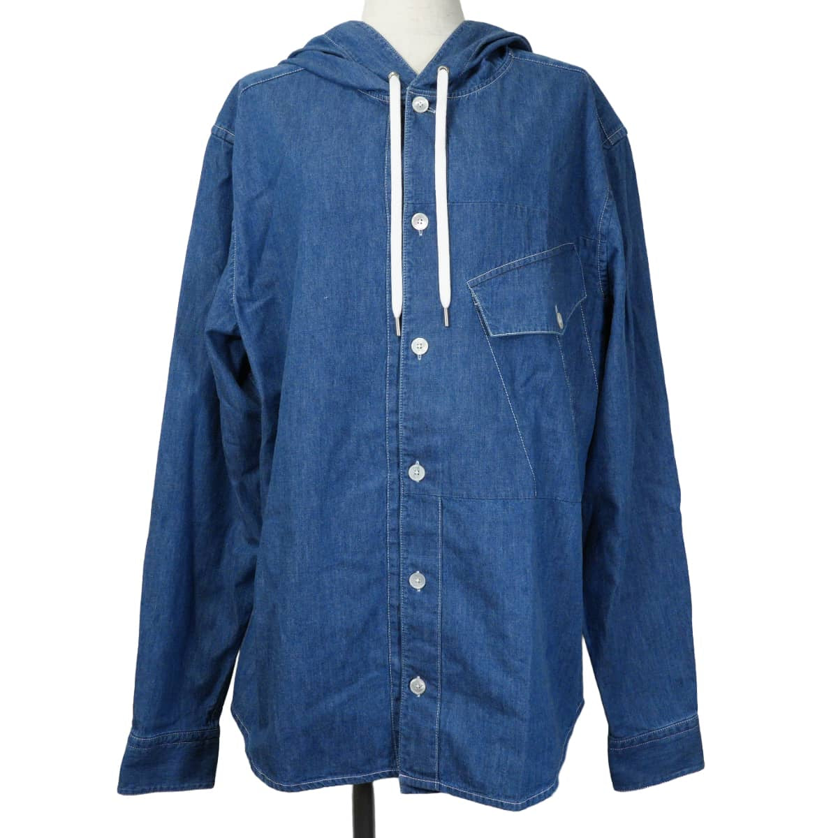 HERMES Long sleeve shirt Sellier Cotton Denim with Hood Blue Cotton[EXCELLENT][Authentic]