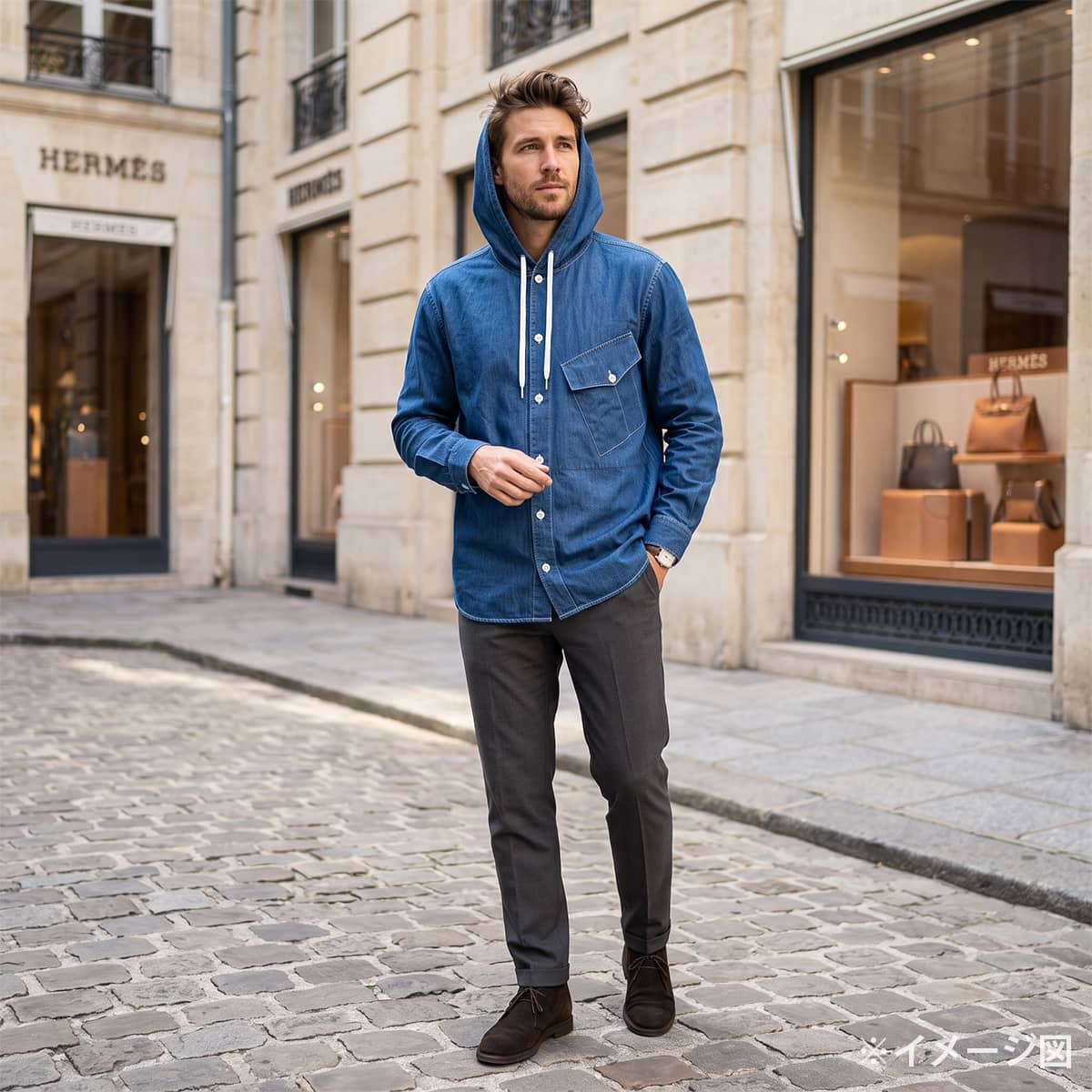 HERMES Long sleeve shirt Sellier Cotton Denim with Hood Blue Cotton[EXCELLENT][Authentic]