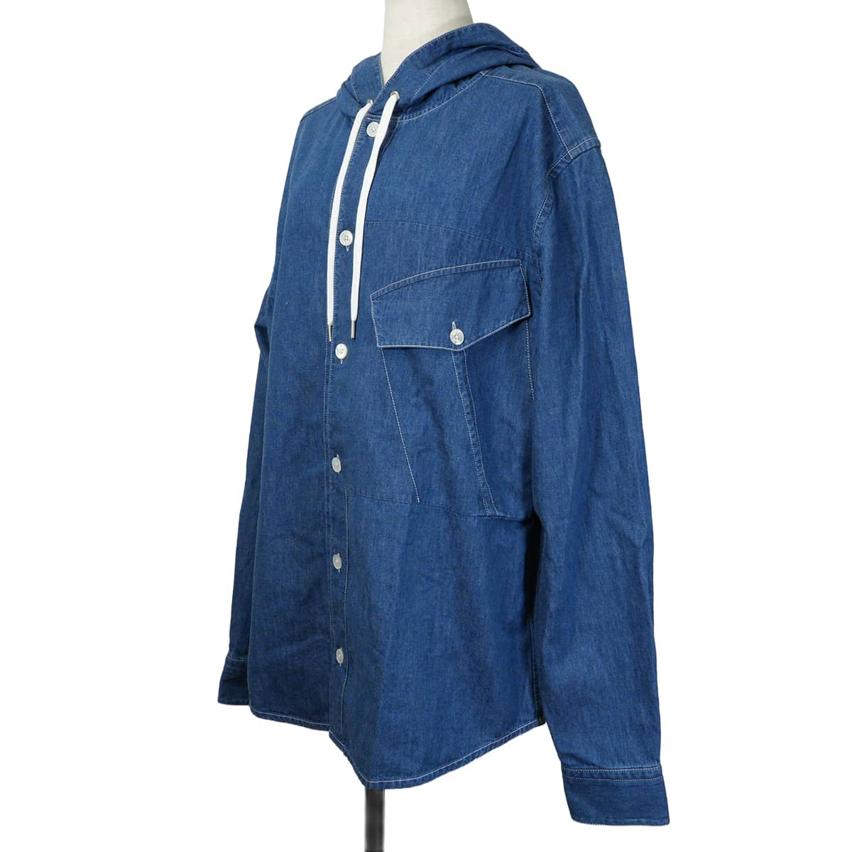HERMES Long sleeve shirt Sellier Cotton Denim with Hood Blue Cotton[EXCELLENT][Authentic]