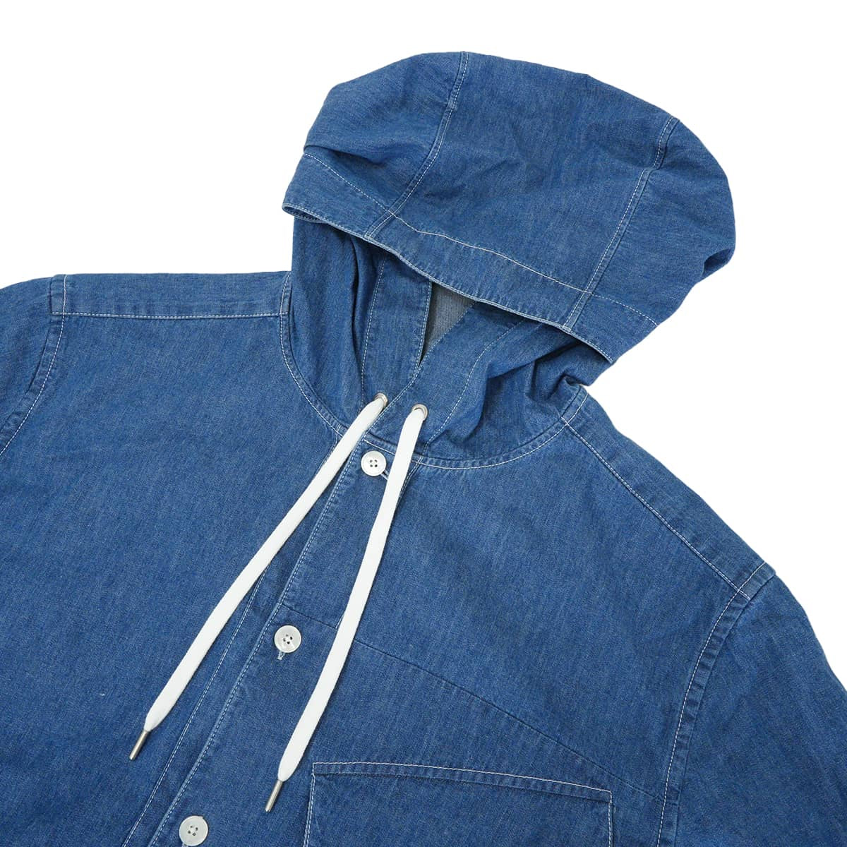 HERMES Long sleeve shirt Sellier Cotton Denim with Hood Blue Cotton[EXCELLENT][Authentic]
