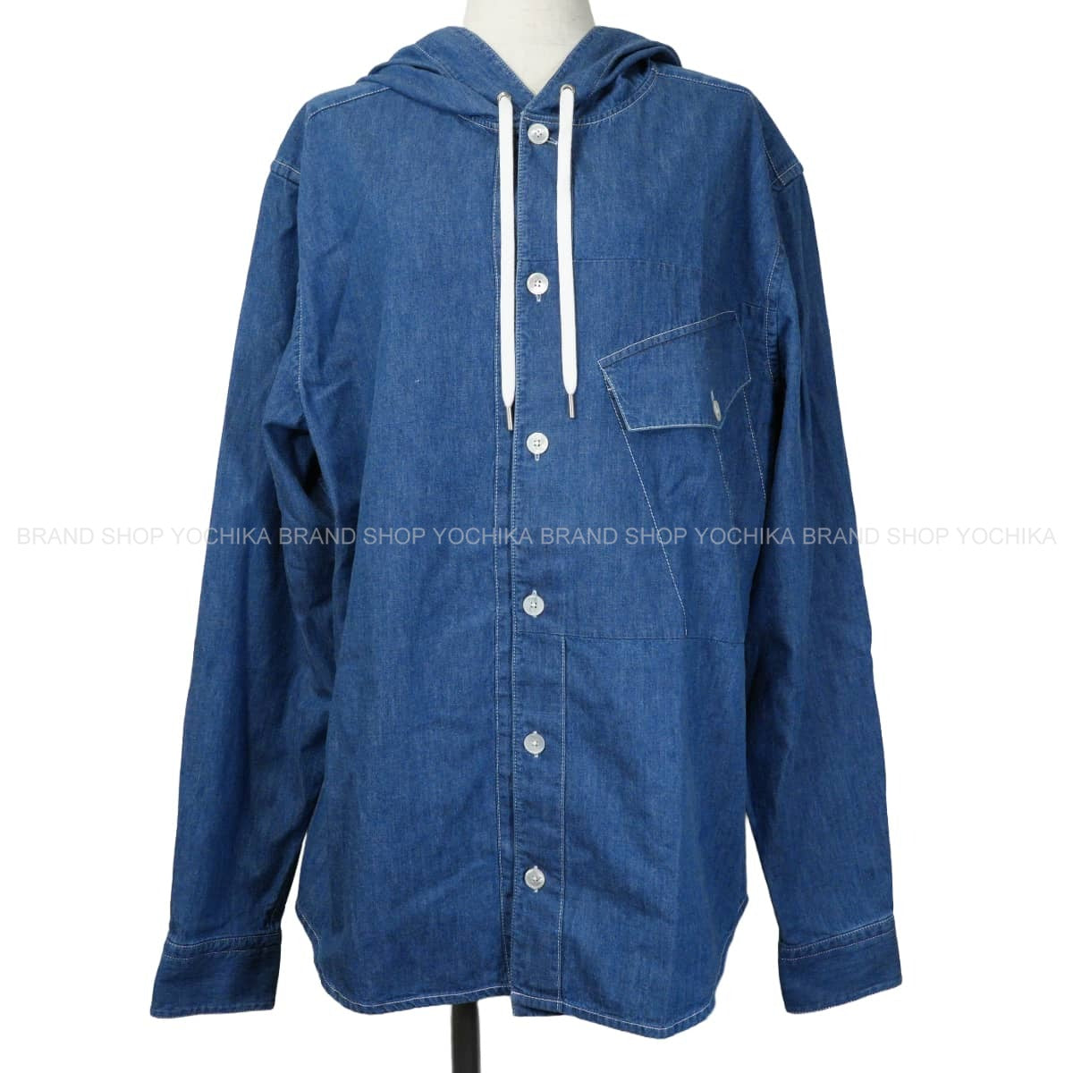 HERMES Long sleeve shirt Sellier Cotton Denim with Hood Blue Cotton[EXCELLENT][Authentic]