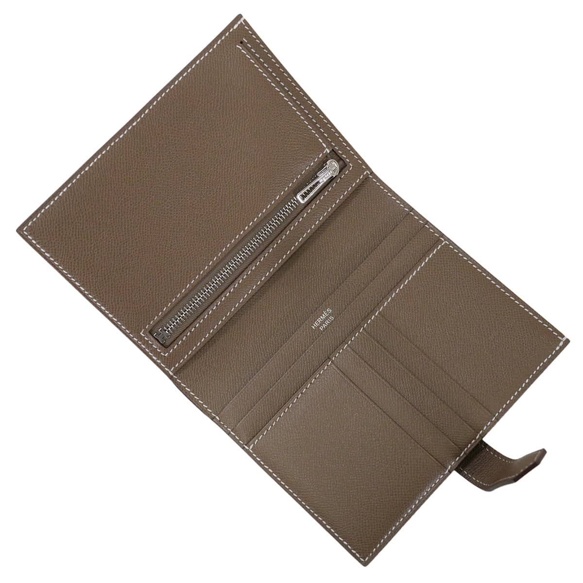 HERMES Bi-fold wallet Bearn Compact Etoupe Veau Madame Silver HW Stamp K[EXCELLENT][Authentic]