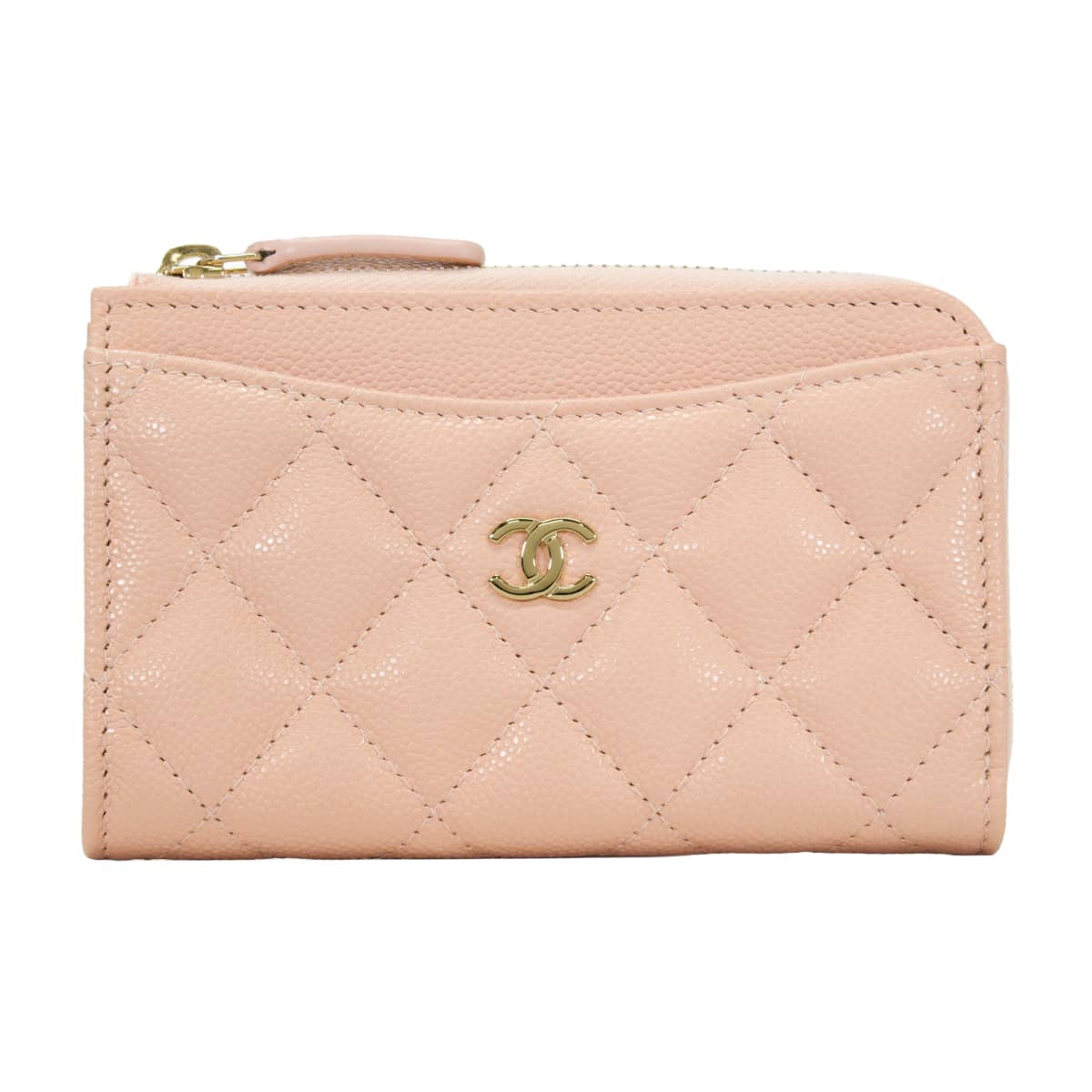 CHANEL card holder Classic Zipped Fragment case Matelasse COCO MarkBeige Pink Graind Calf(Caviarskin) Champagne Gold HW AP3179[EXCELLENT][Authentic]
