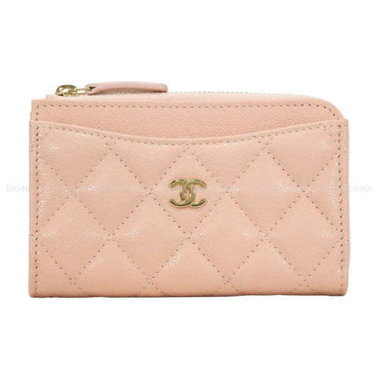 CHANEL card holder Classic Zipped Fragment case Matelasse COCO MarkBeige Pink Graind Calf(Caviarskin) Champagne Gold HW AP3179[EXCELLENT][Authentic]