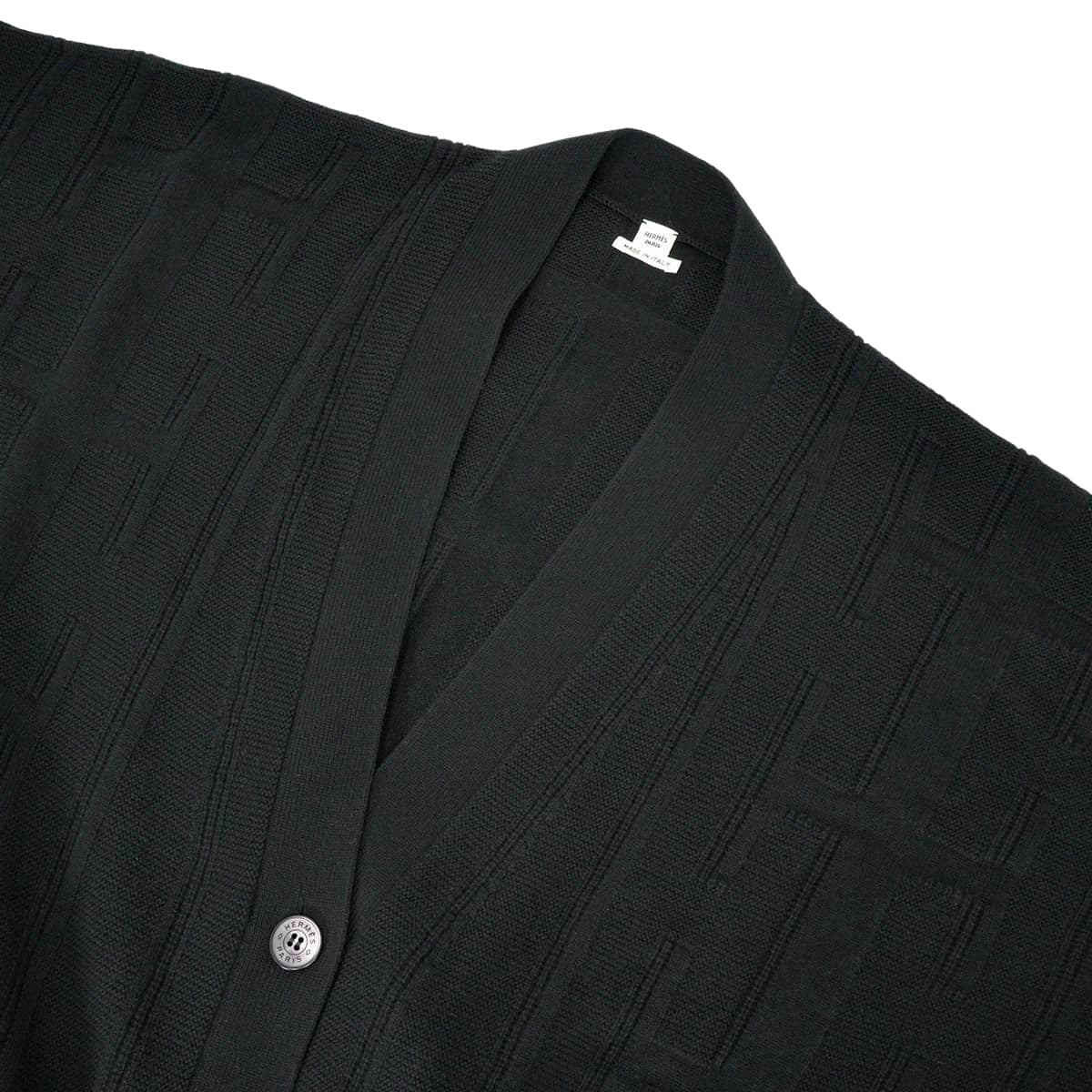 HERMES Cardigan H Jacquard Short Sleeve Long Noir (Black) Wool #34[EXCELLENT][Authentic]