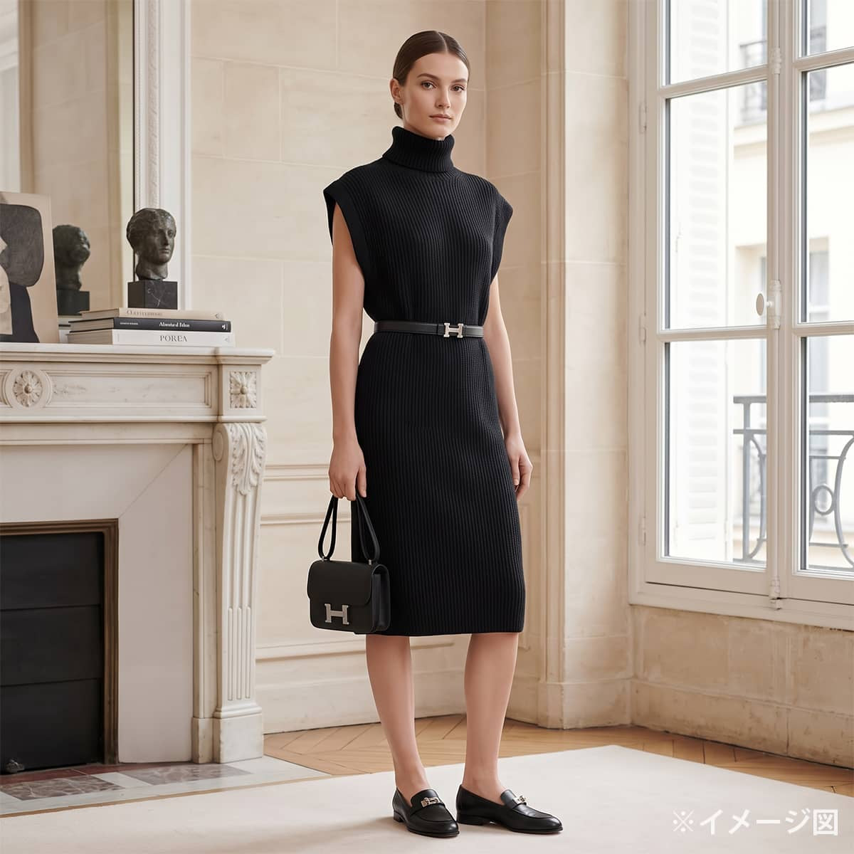 HERMES One‐piece dress Sleeveless knit Side Sellier Button Noir (Black) Camel #34[EXCELLENT][Authentic]