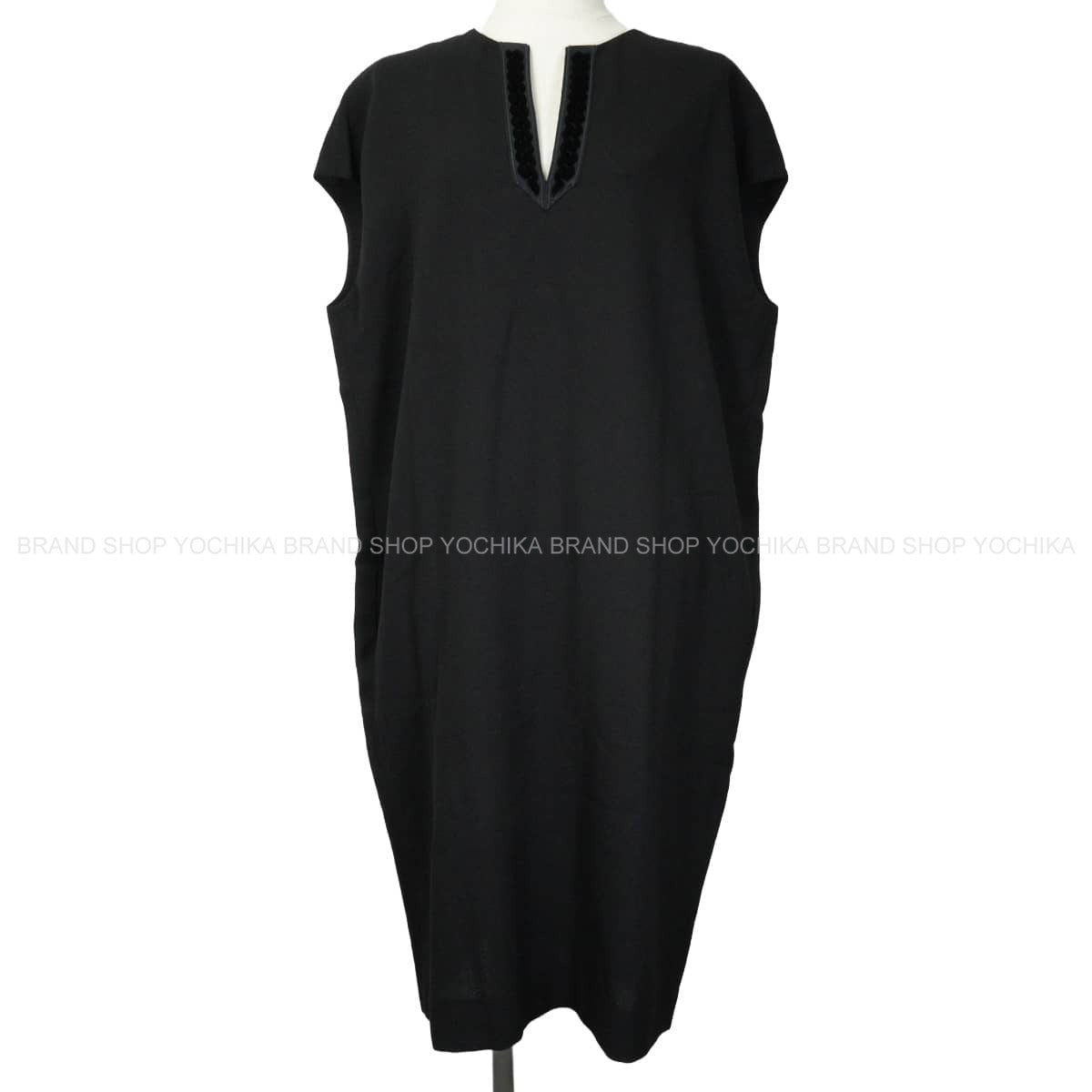 HERMES dress Sleeveless Caftan with Embroidery Noir (Black) Wool/Nylon/Polyurethane #38[EXCELLENT][Authentic]