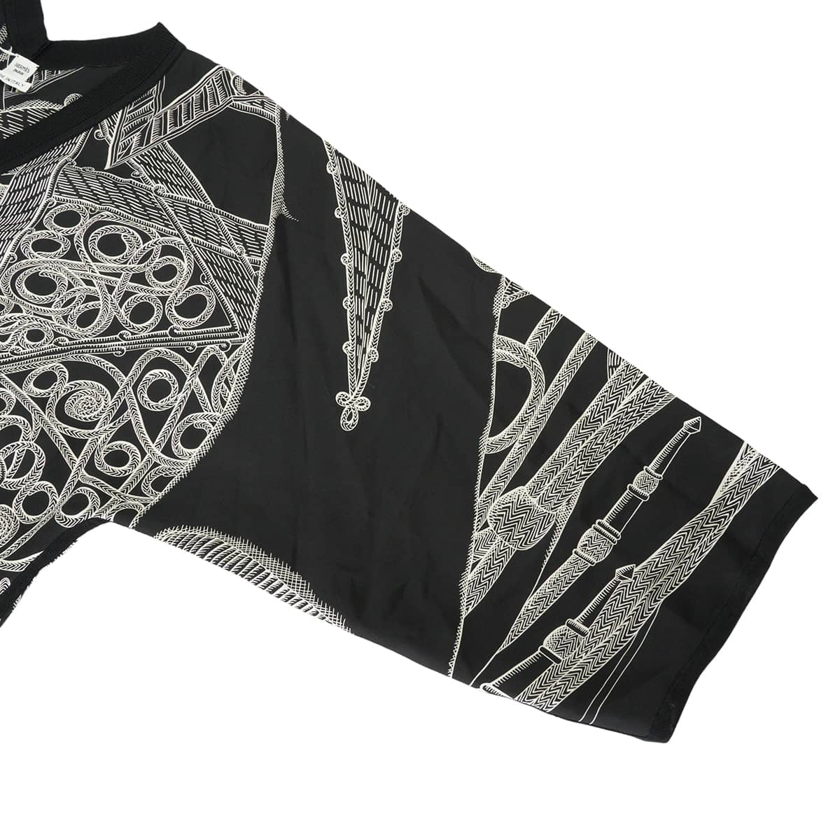 HERMES Blouse Twillaine Zouaves et Dragons V-neck Noir (Black)/Blanc (White) Silk100% #42 1H2816DF02[EXCELLENT][Authentic]