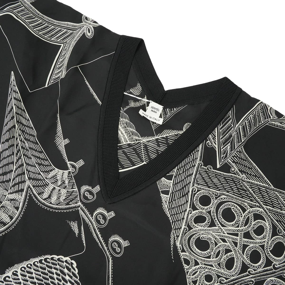 HERMES Blouse Twillaine Zouaves et Dragons V-neck Noir (Black)/Blanc (White) Silk100% #42 1H2816DF02[EXCELLENT][Authentic]