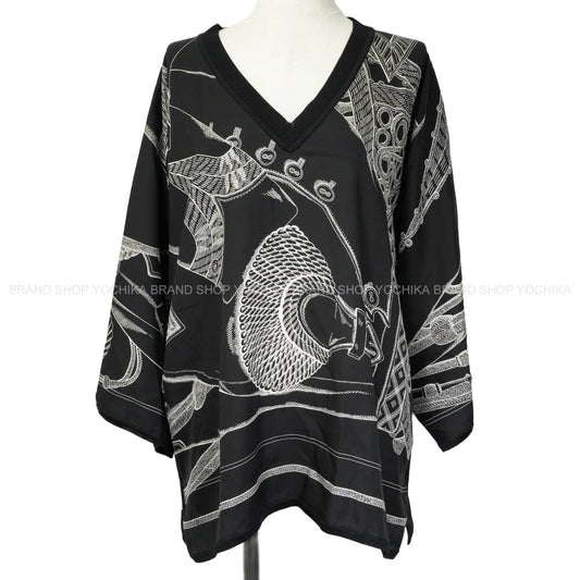 HERMES Blouse Twillaine Zouaves et Dragons V-neck Noir (Black)/Blanc (White) Silk100% #42 1H2816DF02[EXCELLENT][Authentic]