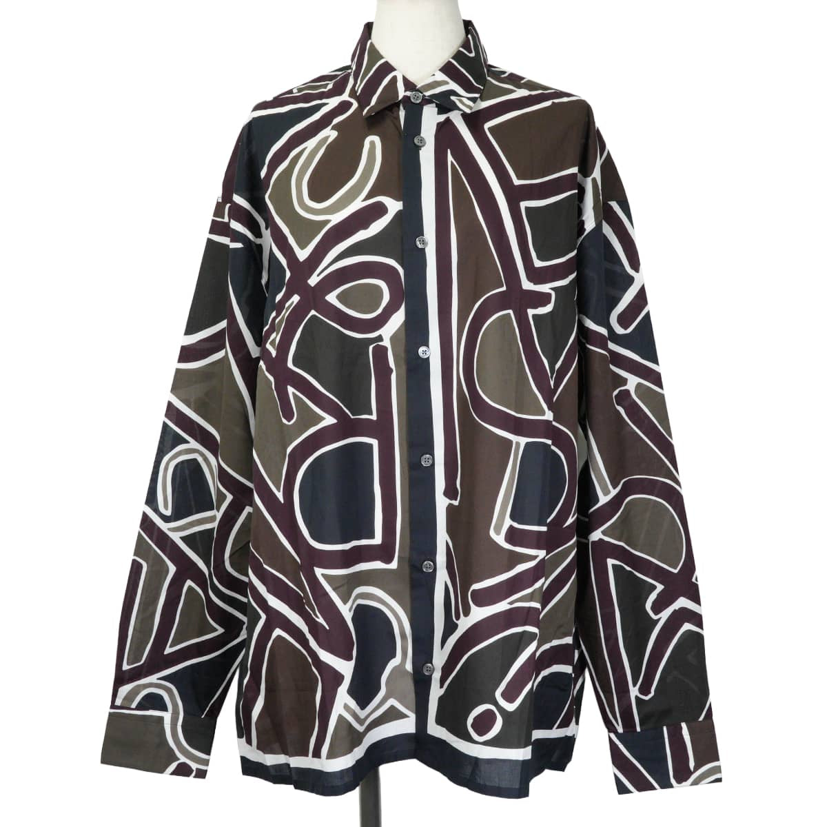 HERMES Long sleeve shirt Men's Printed Blanc (White)/Noir (Black)/Navy/Bordeaux/Brown Cotton100% #41[EXCELLENT][Authentic]
