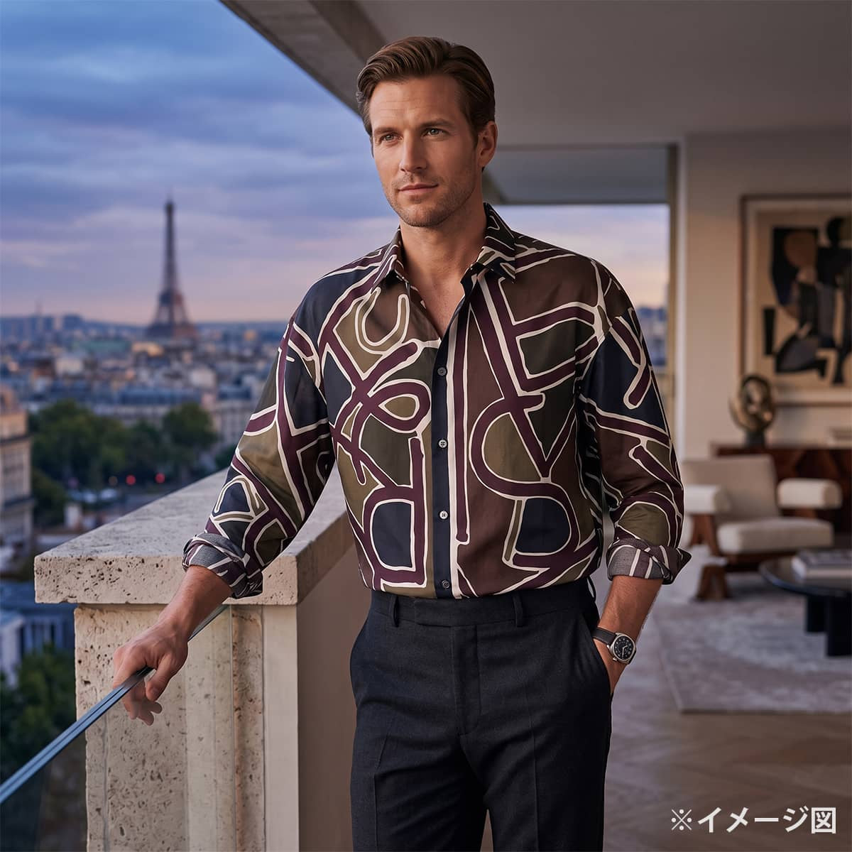 HERMES Long sleeve shirt Men's Printed Blanc (White)/Noir (Black)/Navy/Bordeaux/Brown Cotton100% #41[EXCELLENT][Authentic]